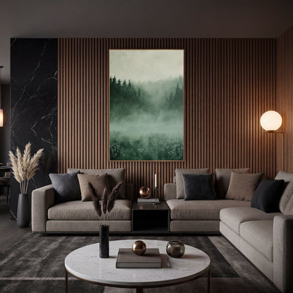 Fog Filled Valley Pines Painterly wall art in an elegant modern room – misty meadow with small white wildflowers