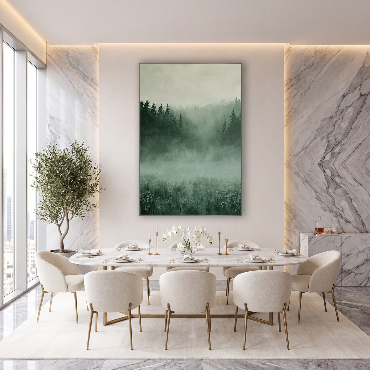 Fog Filled Valley Pines Painterly wall art in an elegant modern room – misty meadow with small white wildflowers
