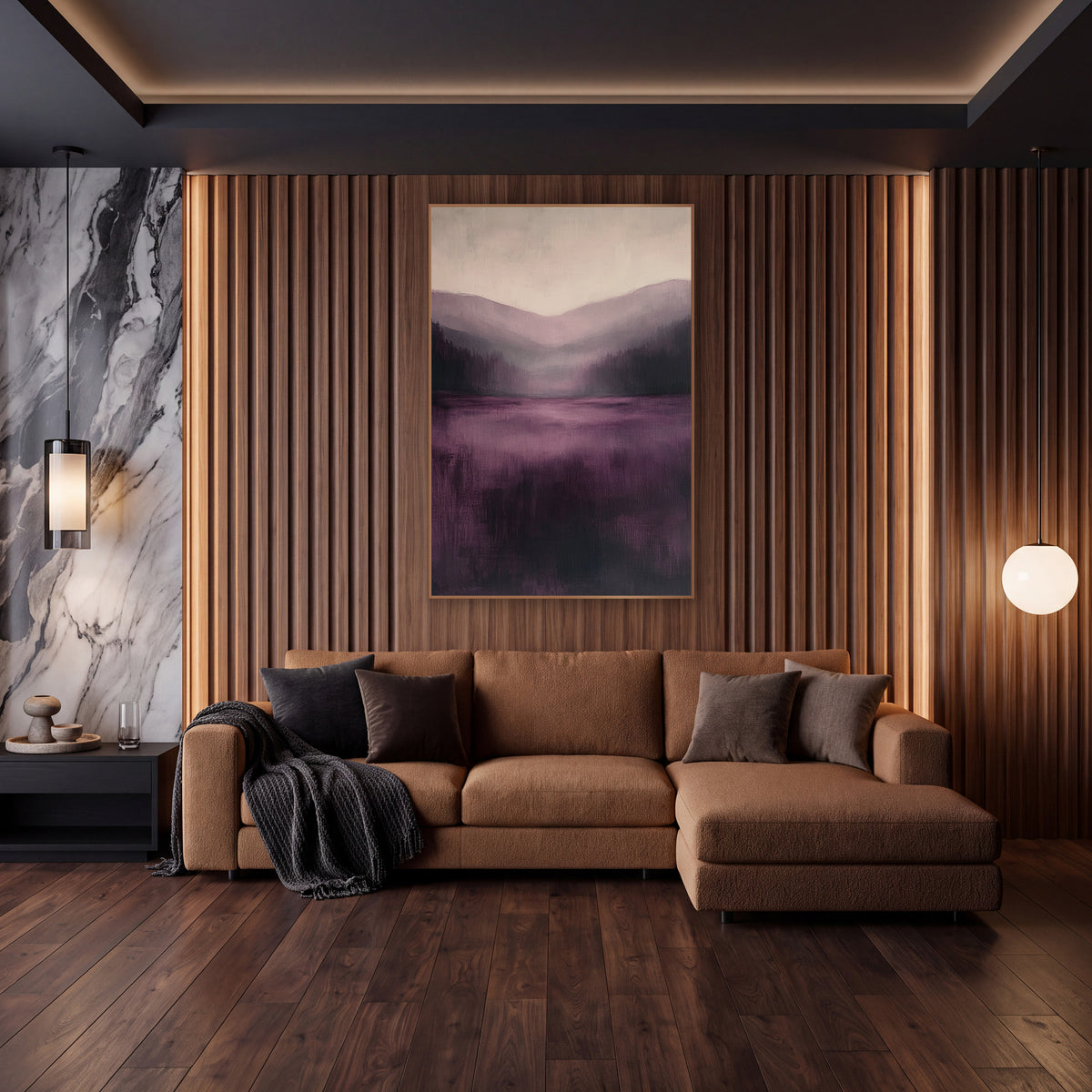 Plum Lake Pines Misty Landscape wall art in an elegant modern room – abstract misty valley with dark evergreens