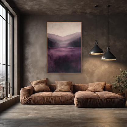 Plum Lake Pines Misty Landscape wall art in an elegant modern room – abstract misty valley with dark evergreens