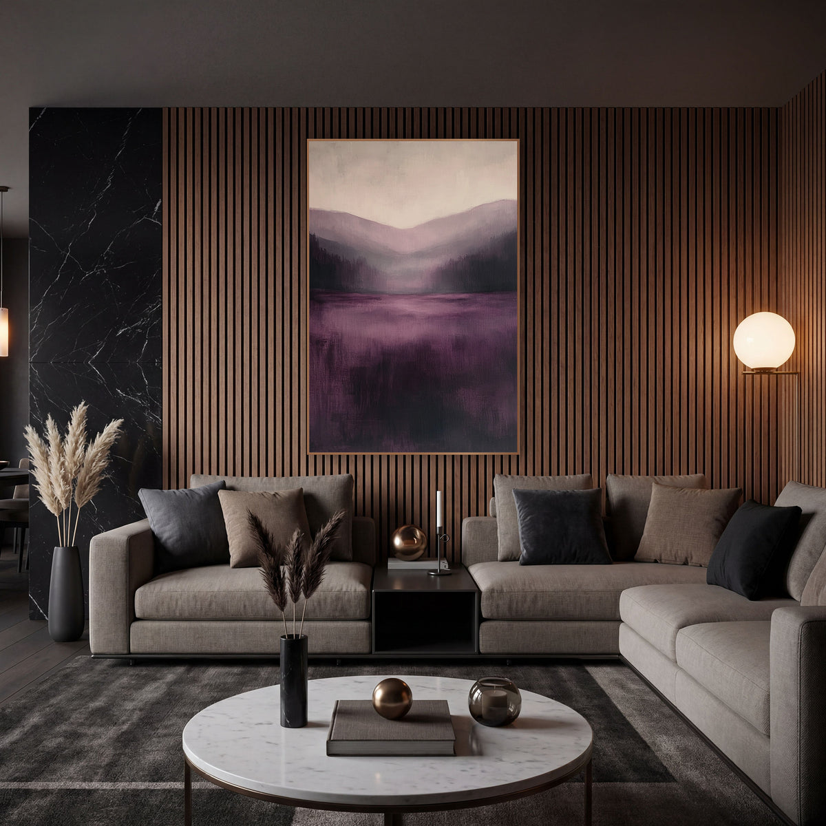 Plum Lake Pines Misty Landscape wall art in an elegant modern room – abstract misty valley with dark evergreens