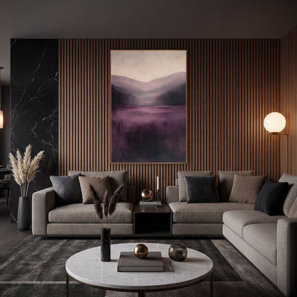 Plum Lake Pines Misty Landscape wall art in an elegant modern room – abstract misty valley with dark evergreens