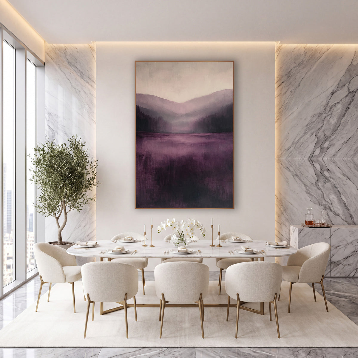 Plum Lake Pines Misty Landscape wall art in an elegant modern room – abstract misty valley with dark evergreens