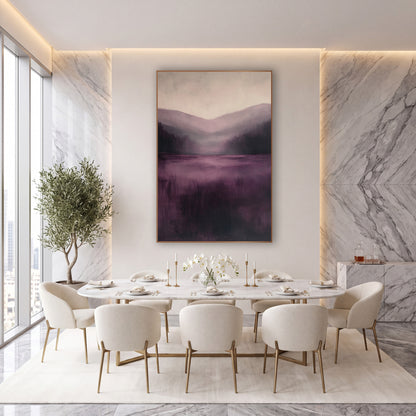 Plum Lake Pines Misty Landscape wall art in an elegant modern room – abstract misty valley with dark evergreens
