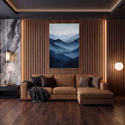 Navy Misty Mountain Ridges Landscape wall art in an elegant modern room – layered misty mountain ridges fading