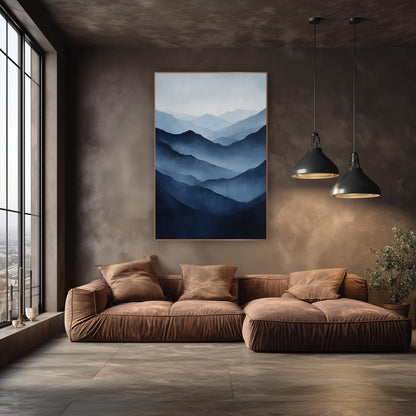Navy Misty Mountain Ridges Landscape wall art in an elegant modern room – layered misty mountain ridges fading