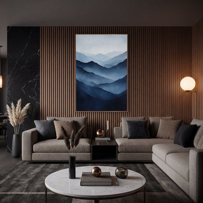 Navy Misty Mountain Ridges Landscape wall art in an elegant modern room – layered misty mountain ridges fading