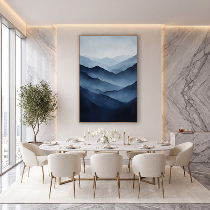 Navy Misty Mountain Ridges Landscape wall art in an elegant modern room – layered misty mountain ridges fading