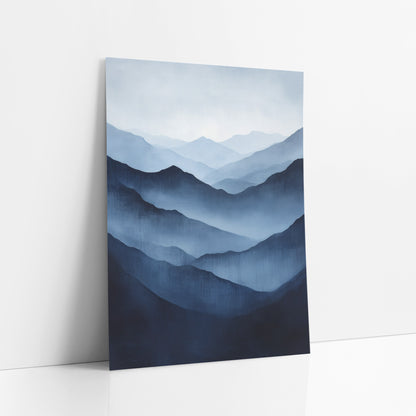 Navy Misty Mountain Ridges Landscape art print leaning against a white wall – layered misty mountain ridges fading from dark