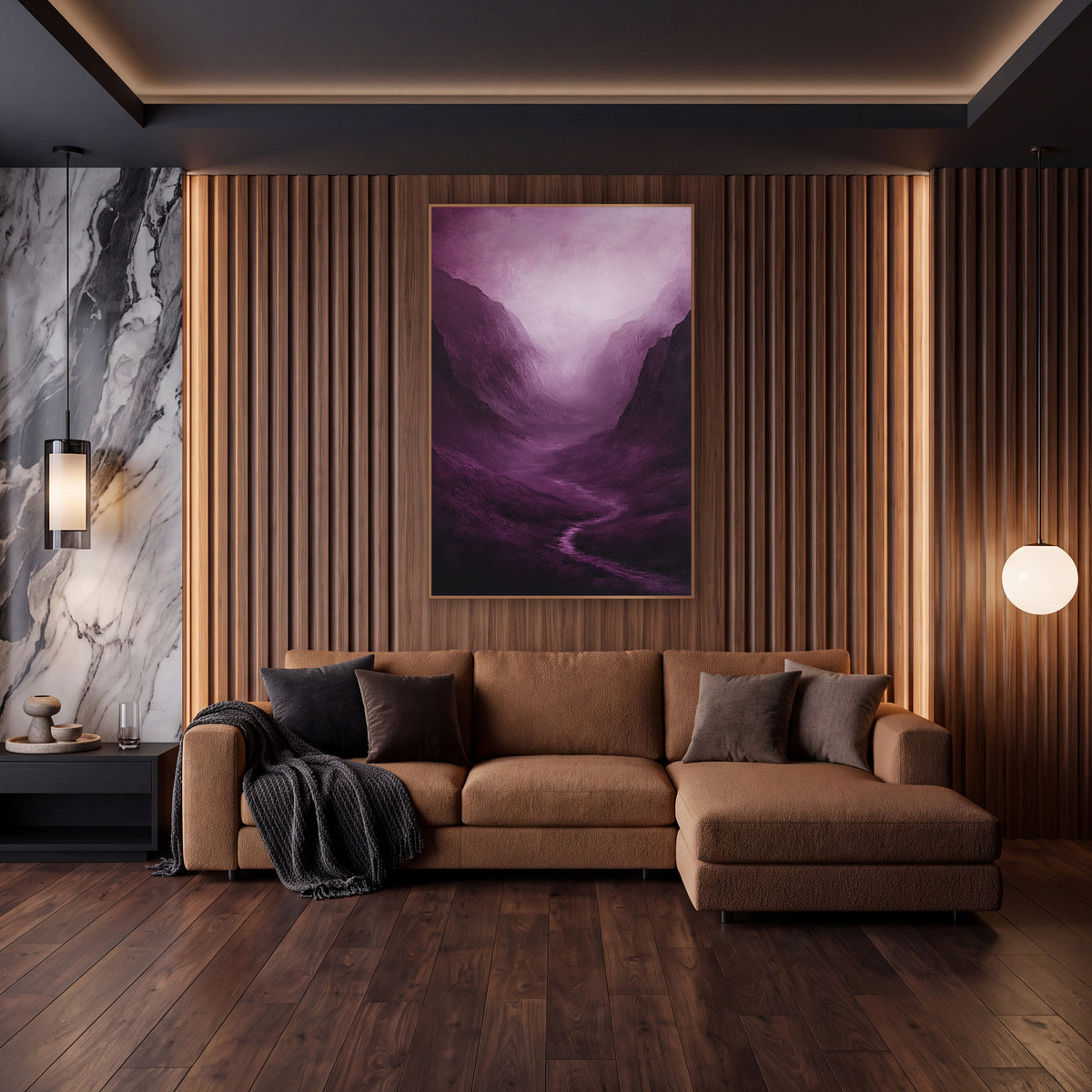 Lilac Haze Gorge Moody wall art in an elegant modern room – misty mountain valley in deep plum with a winding stream