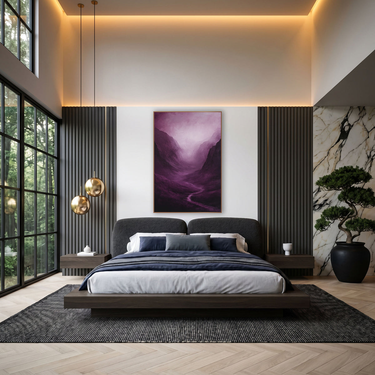 Lilac Haze Gorge Moody wall art in an elegant modern room – misty mountain valley in deep plum with a winding stream