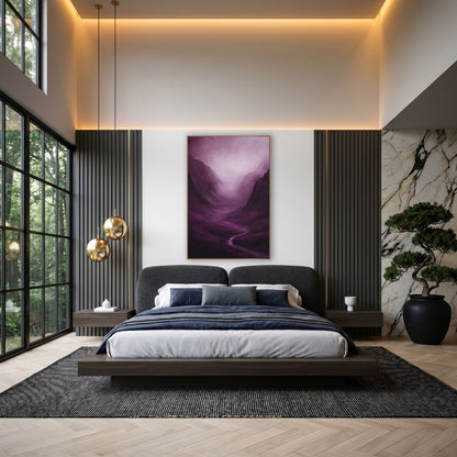 Lilac Haze Gorge Moody wall art in an elegant modern room – misty mountain valley in deep plum with a winding stream