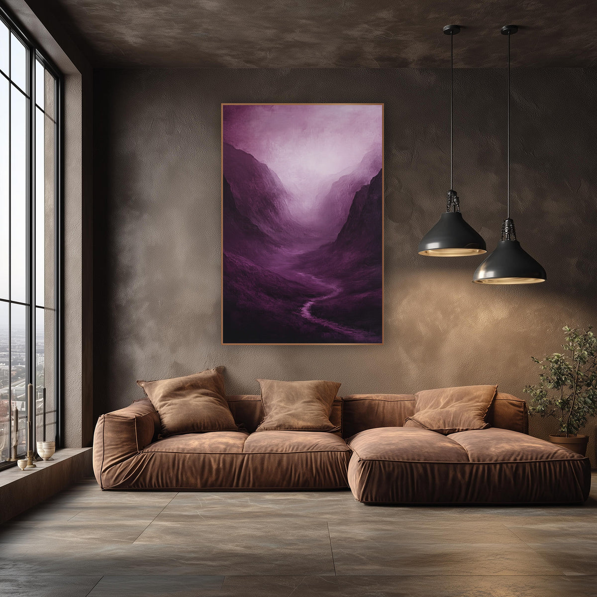 Lilac Haze Gorge Moody wall art in an elegant modern room – misty mountain valley in deep plum with a winding stream