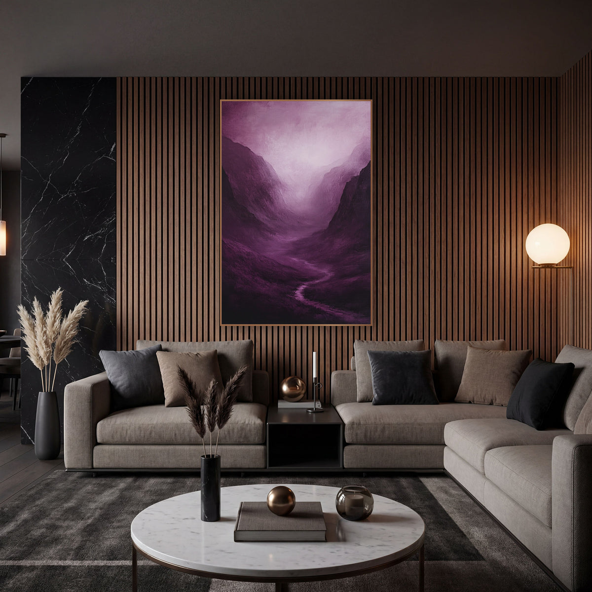 Lilac Haze Gorge Moody wall art in an elegant modern room – misty mountain valley in deep plum with a winding stream