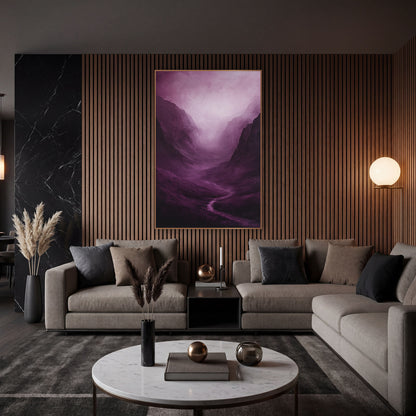 Lilac Haze Gorge Moody wall art in an elegant modern room – misty mountain valley in deep plum with a winding stream