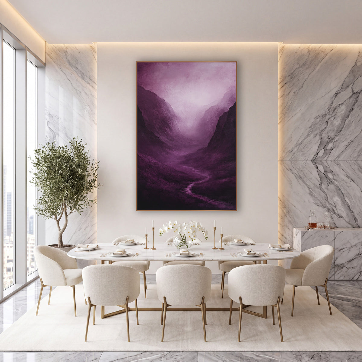 Lilac Haze Gorge Moody wall art in an elegant modern room – misty mountain valley in deep plum with a winding stream