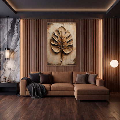 Sculpted Monstera Leaf Neutral Botanical wall art in an elegant modern room – large monstera leaf with deep shadowed