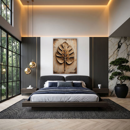 Sculpted Monstera Leaf Neutral Botanical wall art in an elegant modern room – large monstera leaf with deep shadowed