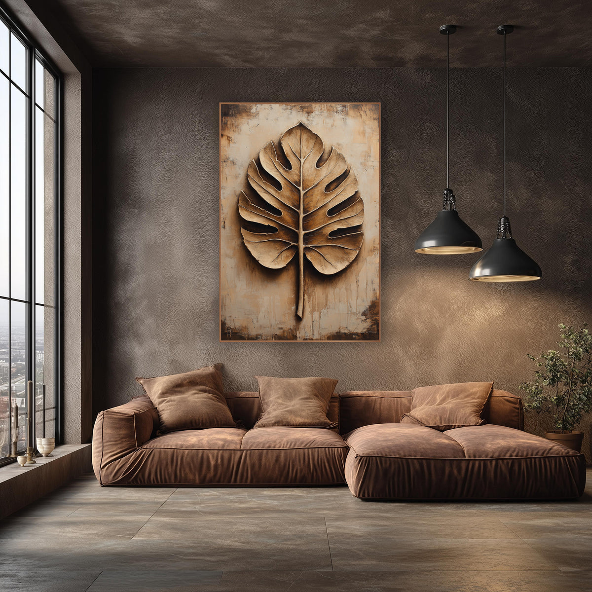 Sculpted Monstera Leaf Neutral Botanical wall art in an elegant modern room – large monstera leaf with deep shadowed