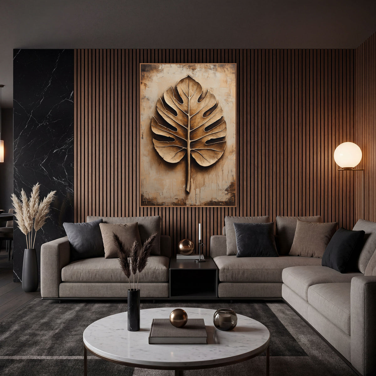Sculpted Monstera Leaf Neutral Botanical wall art in an elegant modern room – large monstera leaf with deep shadowed