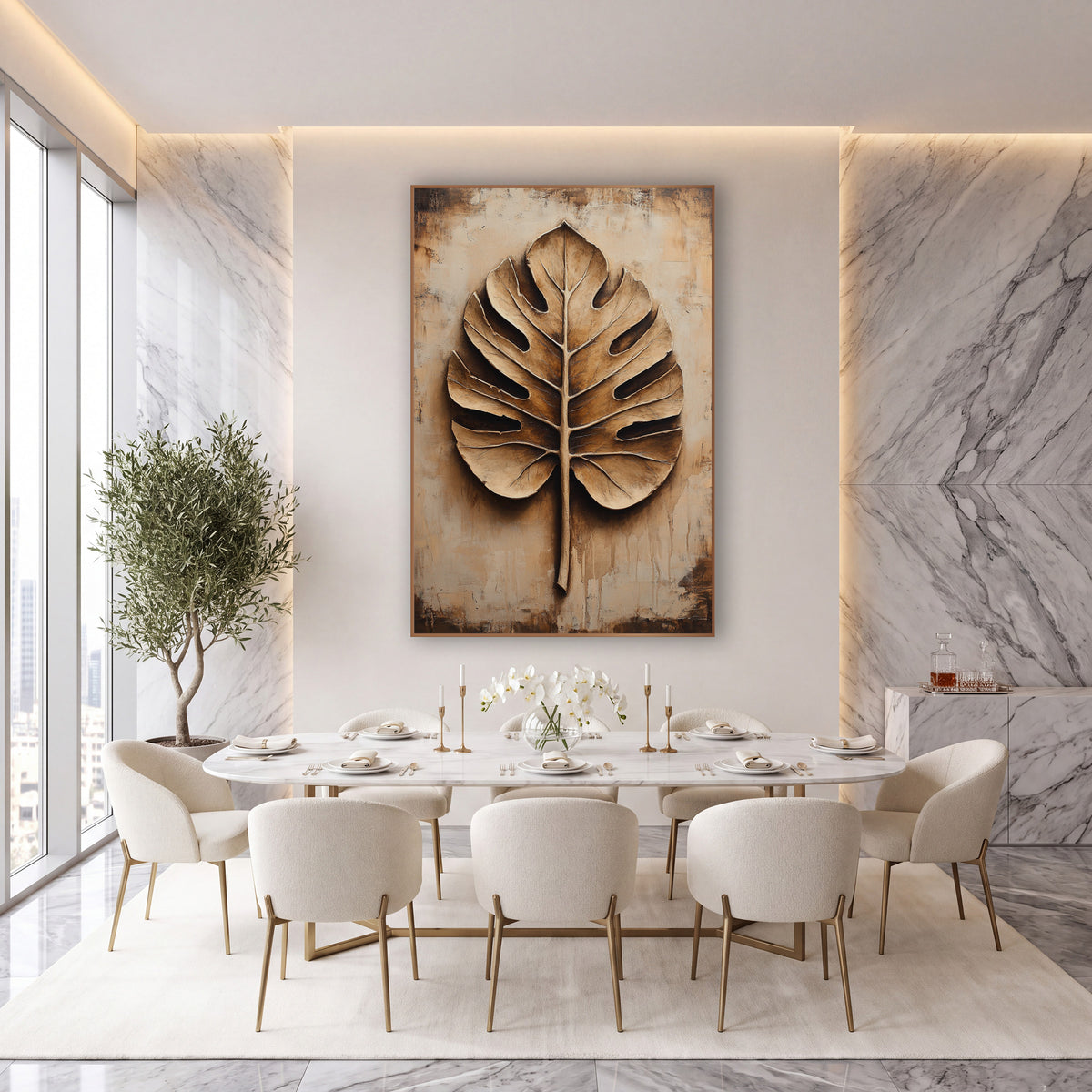 Sculpted Monstera Leaf Neutral Botanical wall art in an elegant modern room – large monstera leaf with deep shadowed