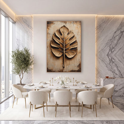 Sculpted Monstera Leaf Neutral Botanical wall art in an elegant modern room – large monstera leaf with deep shadowed