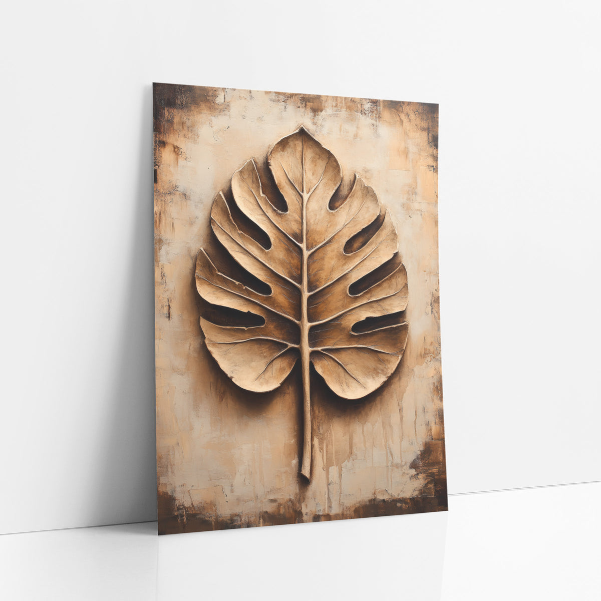 Sculpted Monstera Leaf Neutral Botanical art print leaning against a white wall – large monstera leaf with deep shadowed