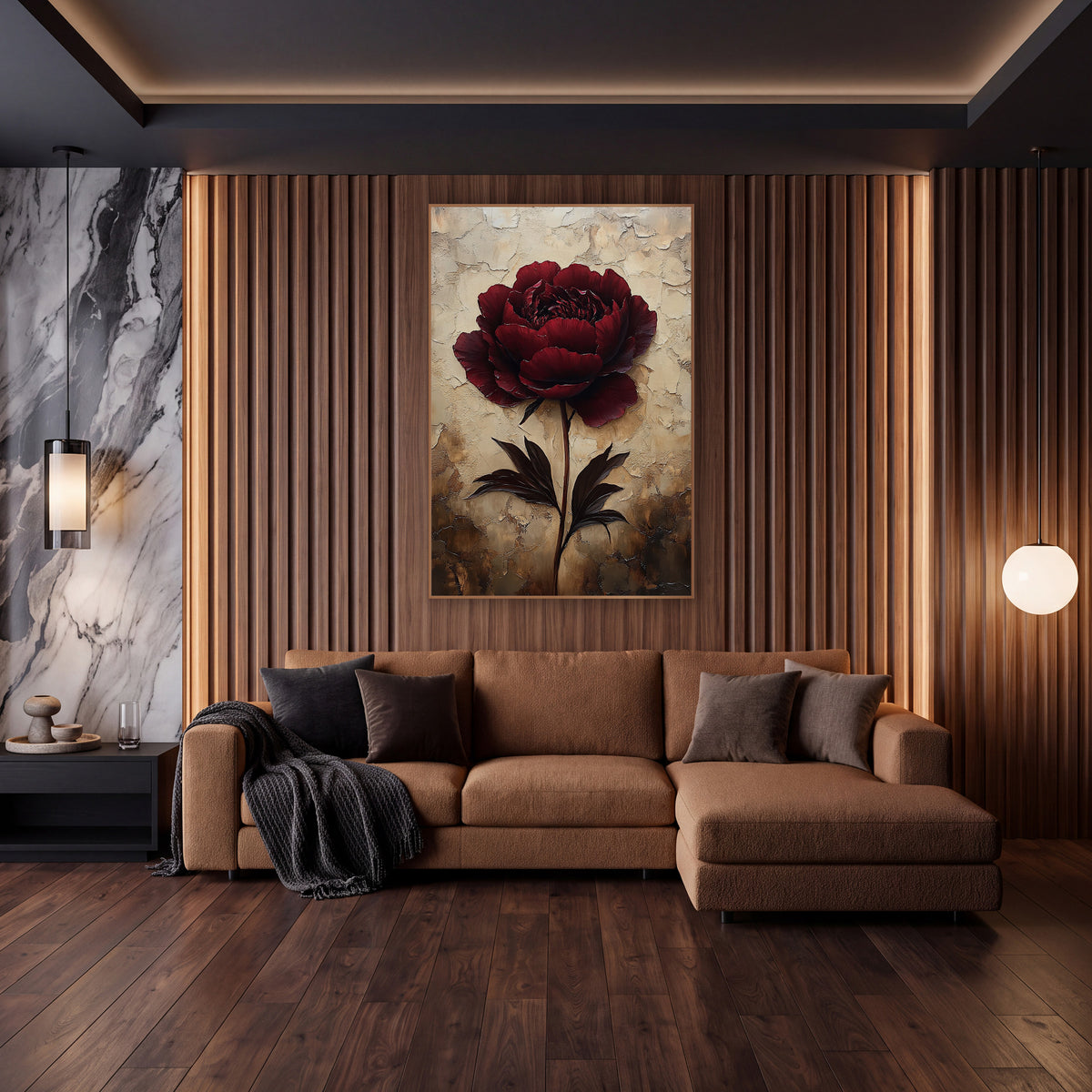 Burgundy Peony Cracked Ivory Plaster wall art in an elegant modern room – large burgundy peony on a long stem