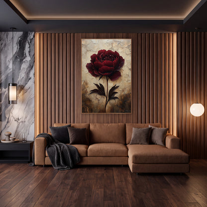 Burgundy Peony Cracked Ivory Plaster wall art in an elegant modern room – large burgundy peony on a long stem