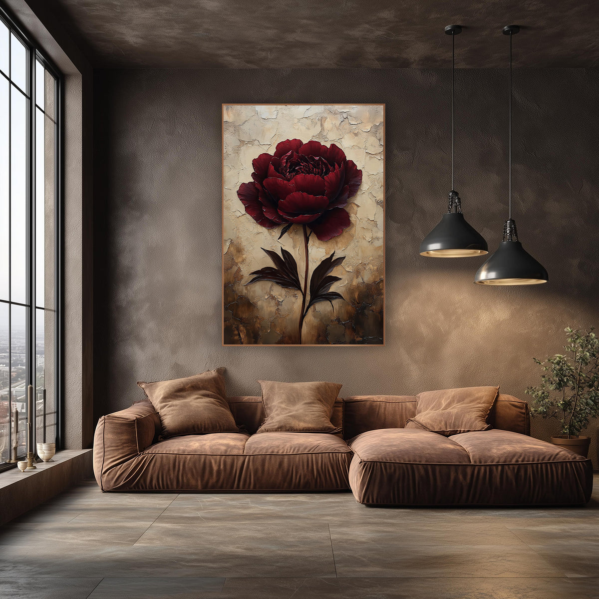 Burgundy Peony Cracked Ivory Plaster wall art in an elegant modern room – large burgundy peony on a long stem