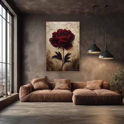 Burgundy Peony Cracked Ivory Plaster wall art in an elegant modern room – large burgundy peony on a long stem