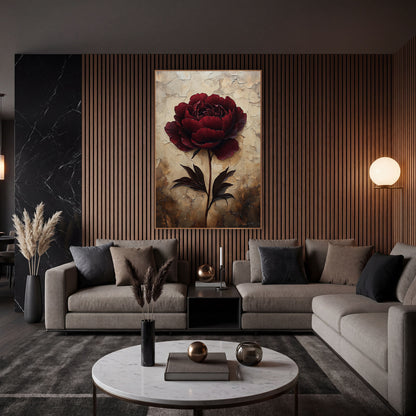Burgundy Peony Cracked Ivory Plaster wall art in an elegant modern room – large burgundy peony on a long stem