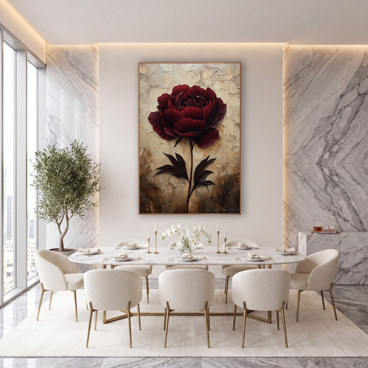 Burgundy Peony Cracked Ivory Plaster wall art in an elegant modern room – large burgundy peony on a long stem