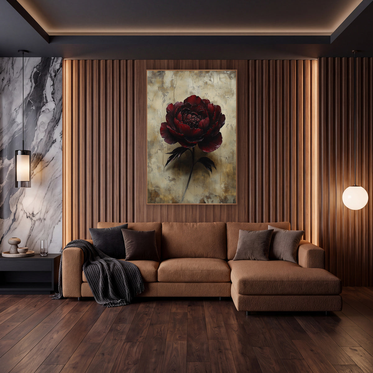 Shadowed Garnet Peony Parchment Wash wall art in an elegant modern room – large burgundy peony with ruffled petals