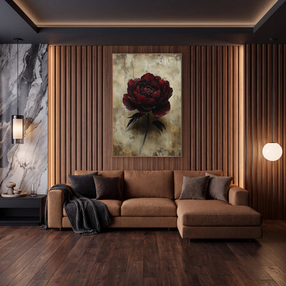 Shadowed Garnet Peony Parchment Wash wall art in an elegant modern room – large burgundy peony with ruffled petals