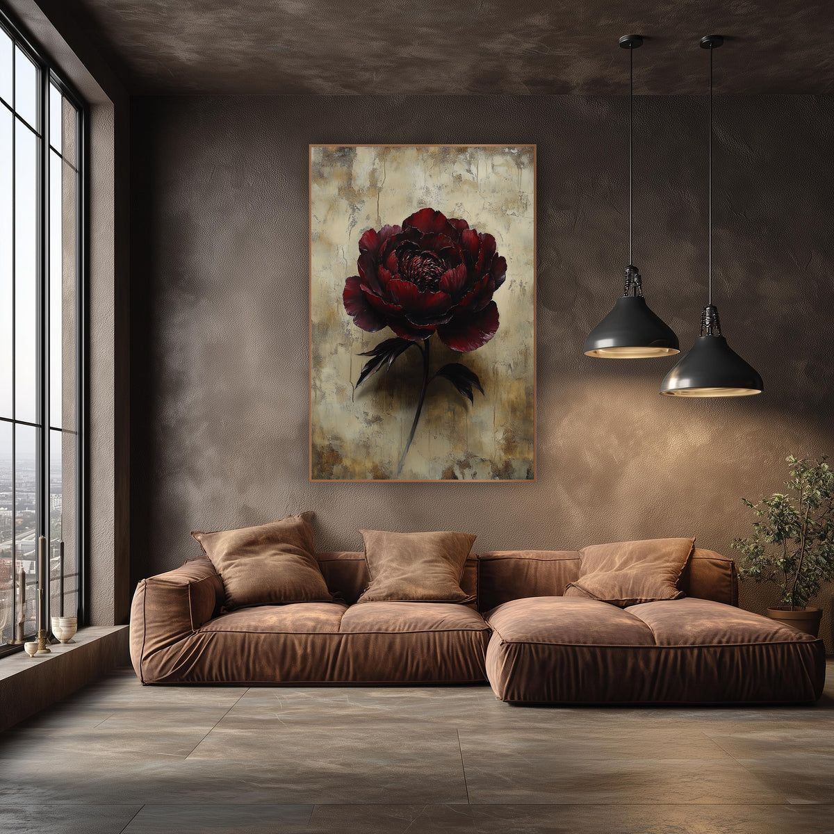 Shadowed Garnet Peony Parchment Wash wall art in an elegant modern room – large burgundy peony with ruffled petals