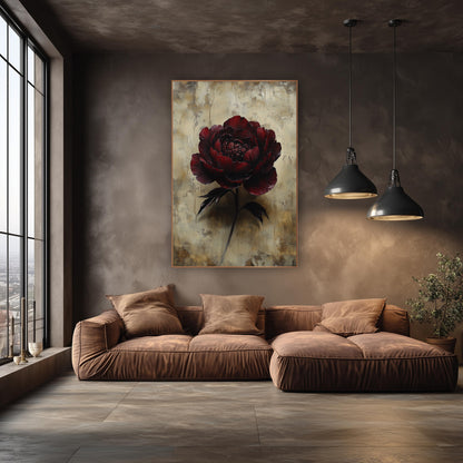 Shadowed Garnet Peony Parchment Wash wall art in an elegant modern room – large burgundy peony with ruffled petals