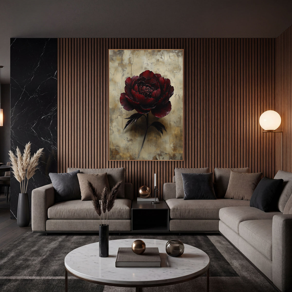 Shadowed Garnet Peony Parchment Wash wall art in an elegant modern room – large burgundy peony with ruffled petals