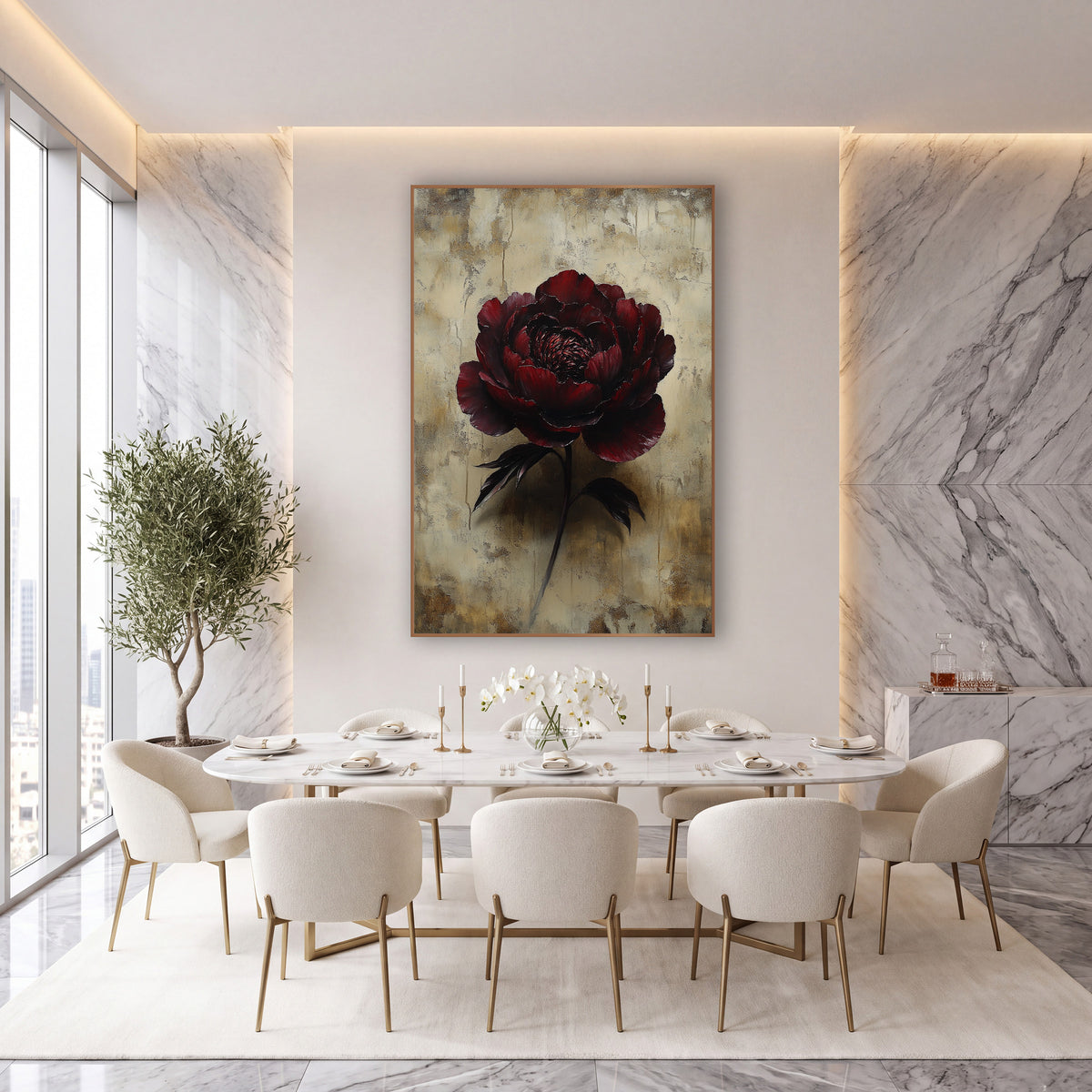 Shadowed Garnet Peony Parchment Wash wall art in an elegant modern room – large burgundy peony with ruffled petals