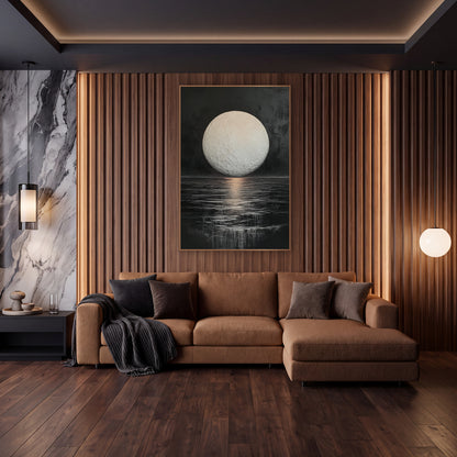 Pale Moon Dark Sea Celestial wall art in an elegant modern room – large pale full moon with visible craters above
