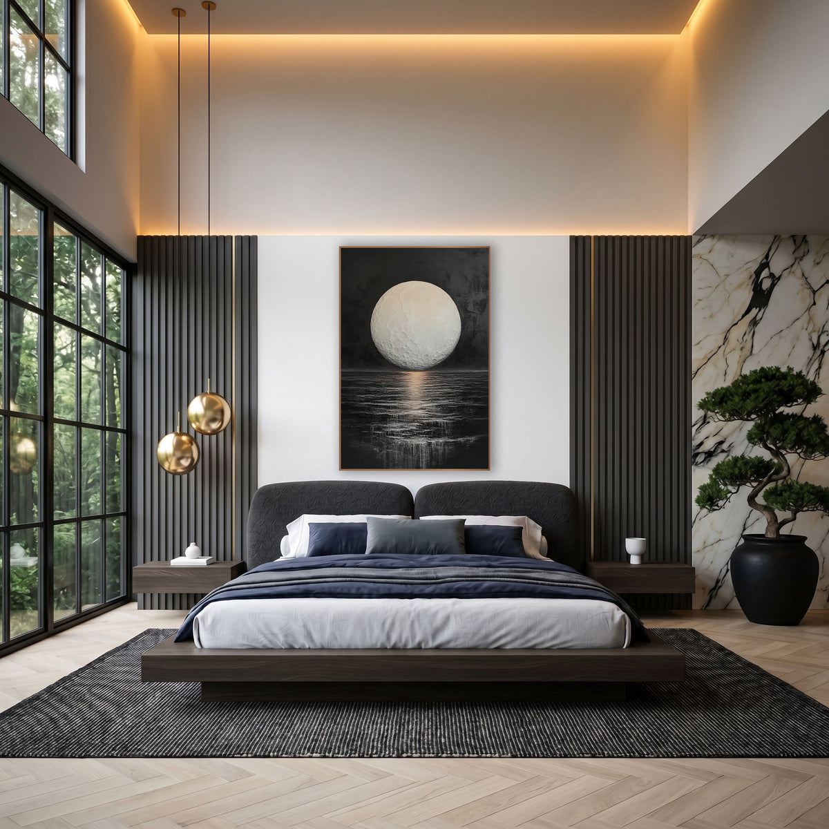 Pale Moon Dark Sea Celestial wall art in an elegant modern room – large pale full moon with visible craters above