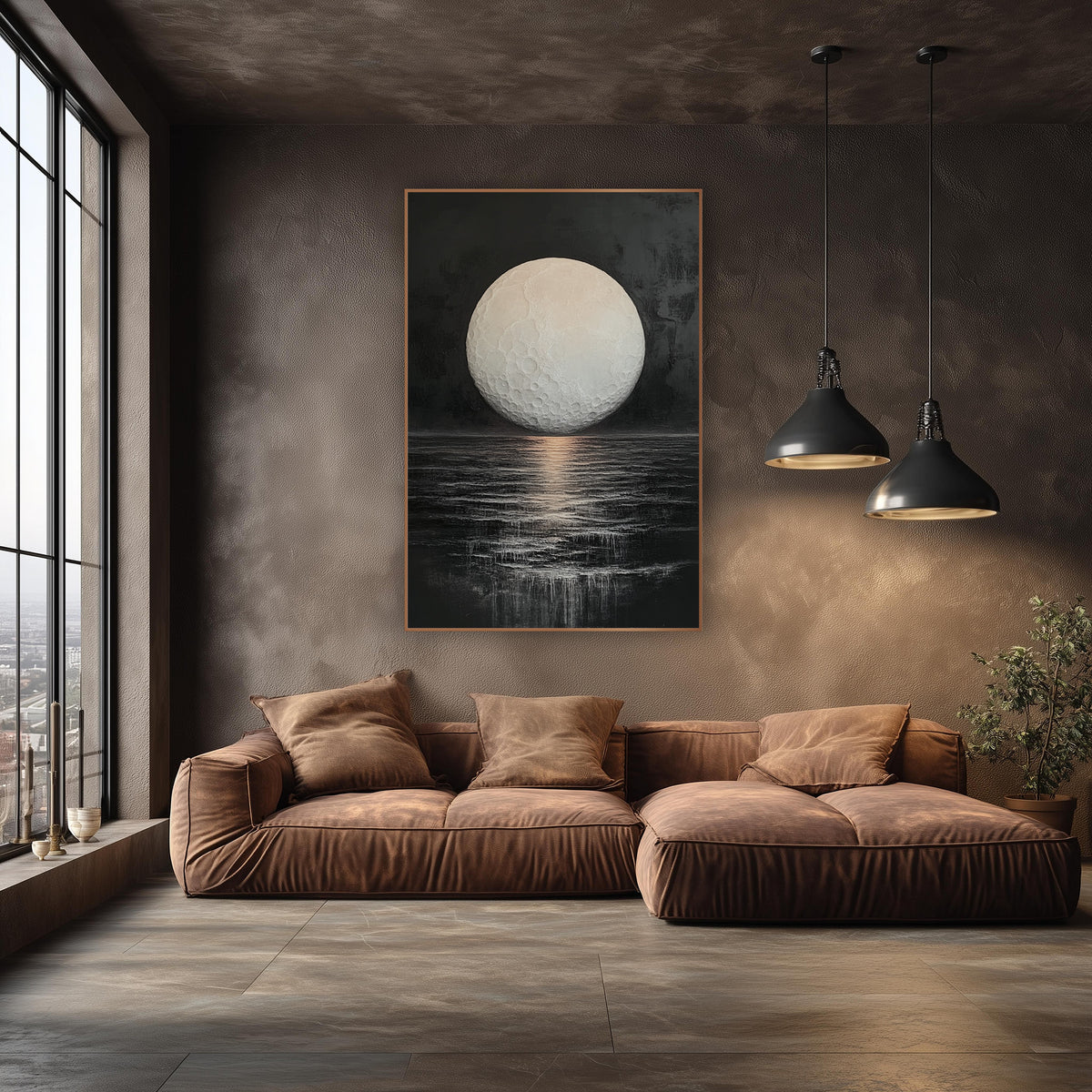Pale Moon Dark Sea Celestial wall art in an elegant modern room – large pale full moon with visible craters above