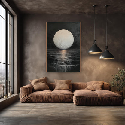 Pale Moon Dark Sea Celestial wall art in an elegant modern room – large pale full moon with visible craters above