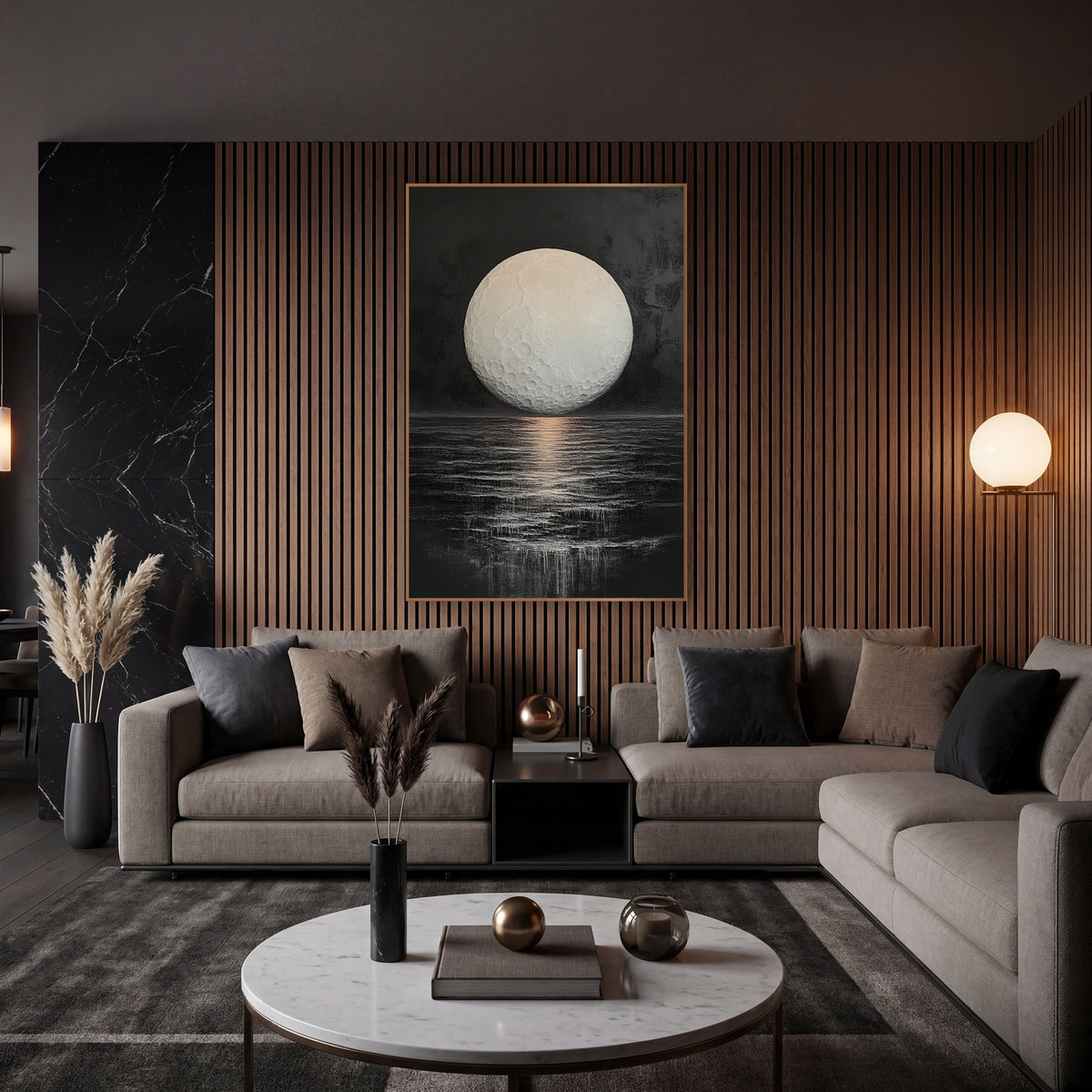 Pale Moon Dark Sea Celestial wall art in an elegant modern room – large pale full moon with visible craters above