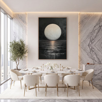 Pale Moon Dark Sea Celestial wall art in an elegant modern room – large pale full moon with visible craters above