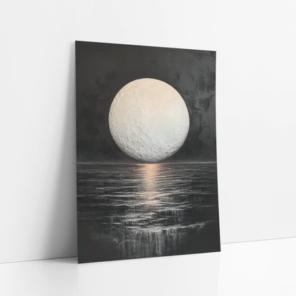 Pale Moon Dark Sea Celestial art print leaning against a white wall – large pale full moon with visible craters above a dark