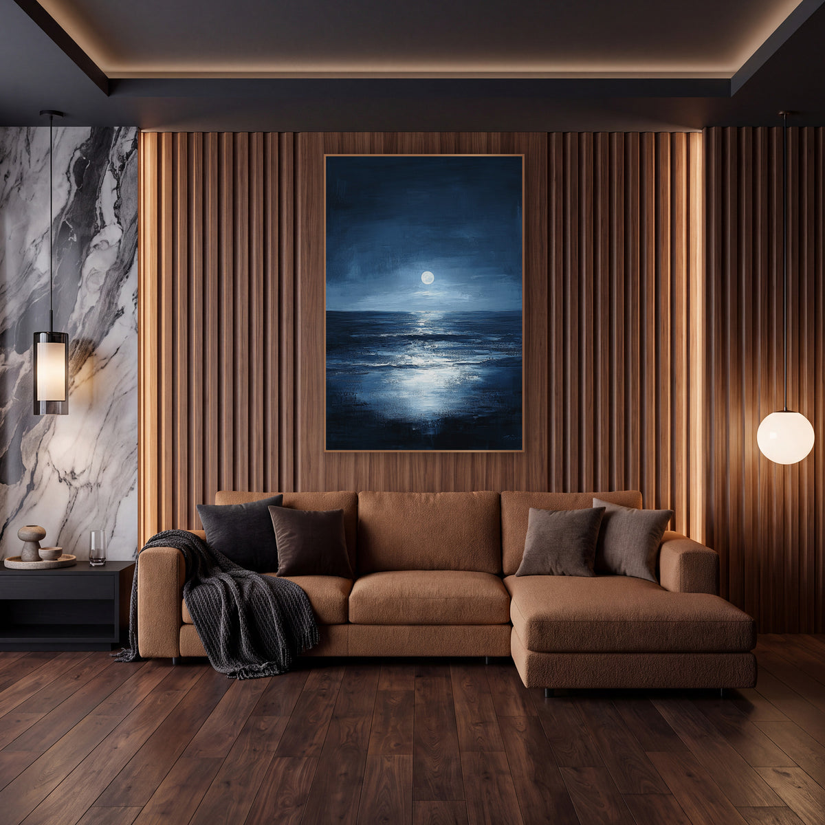 Moonlit Midnight Sea Seascape wall art in an elegant modern room – full moon above a dark horizon with its bright