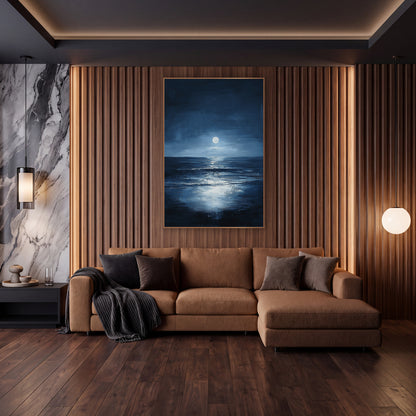 Moonlit Midnight Sea Seascape wall art in an elegant modern room – full moon above a dark horizon with its bright