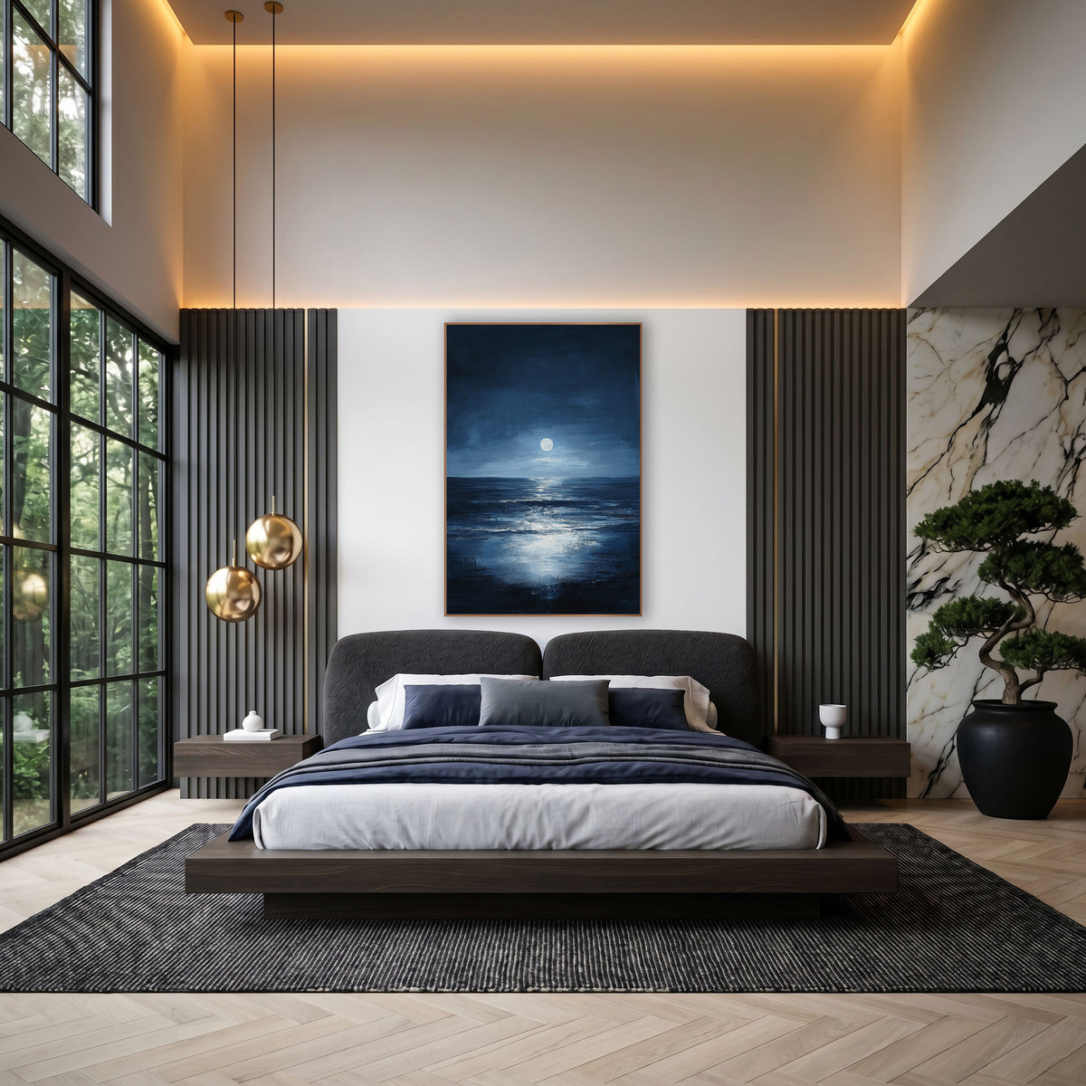 Moonlit Midnight Sea Seascape wall art in an elegant modern room – full moon above a dark horizon with its bright