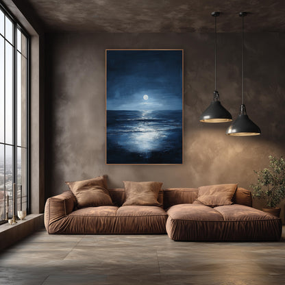 Moonlit Midnight Sea Seascape wall art in an elegant modern room – full moon above a dark horizon with its bright